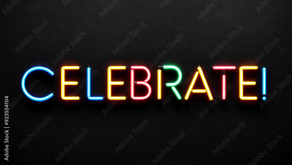 celebrate colorful neon lettering on plain dark black background celebrate colorful neon lettering on plain dark black background