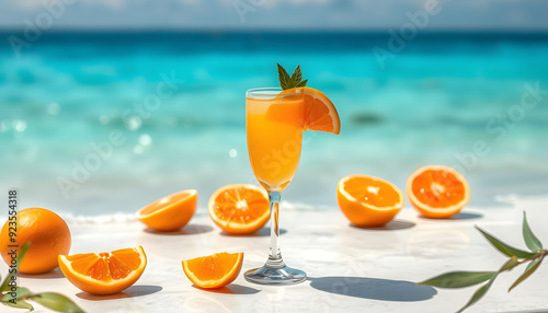 Mimosa cocktail PNG. Glass of mimosa cocktail with orange isolated. Alcoholic beverage mimosa as refreshment during summertime heats PNG. Beach cocktail isolated with white highlights, png photo