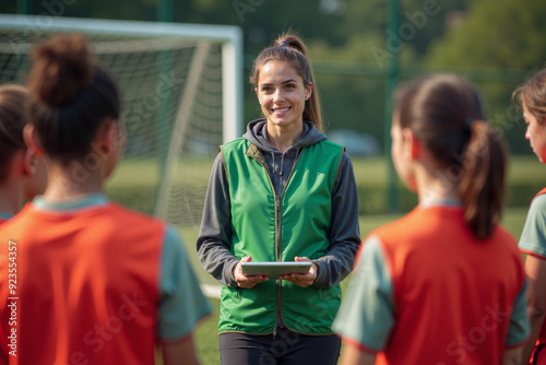 photo of woman coach instructor trainer teaching teenage player at soccer field, generative AI