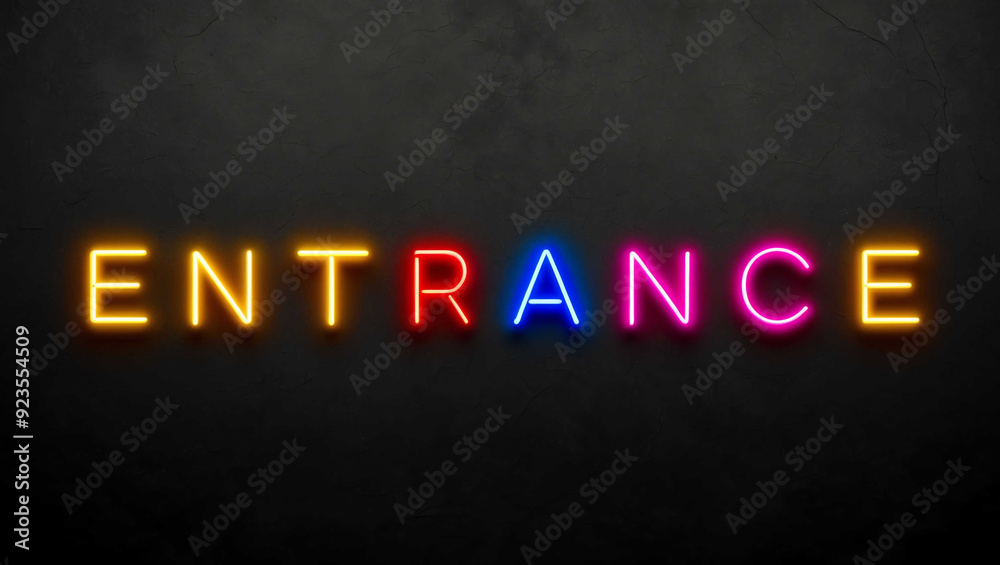 entrance colorful neon lettering on plain dark black background entrance colorful neon lettering on plain dark black background