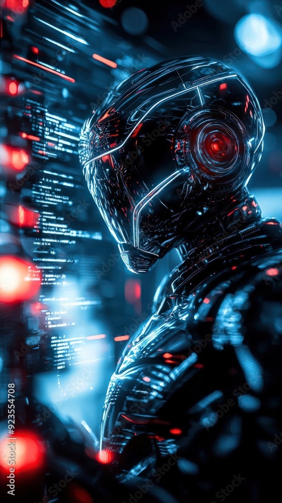 Cyber warrior in futuristic armor guarding a firewall gate, cybersecurity, protection