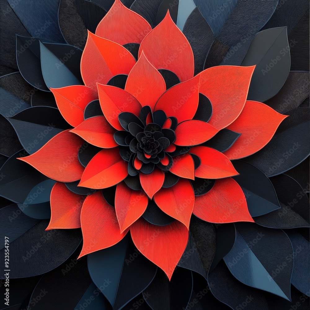 Close-up of a vibrant abstract red and black flower with layered petals, creating a striking artistic composition.