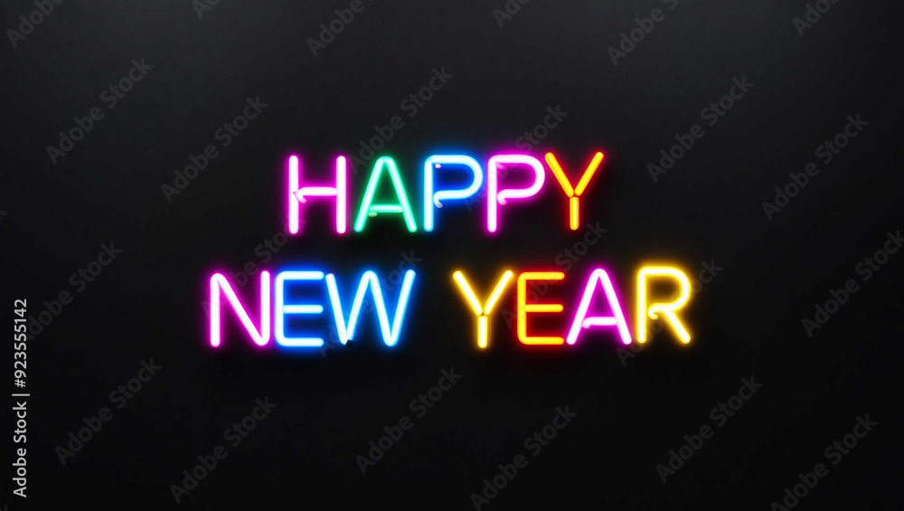 Obraz premium happy new year colorful neon lettering on plain dark black background