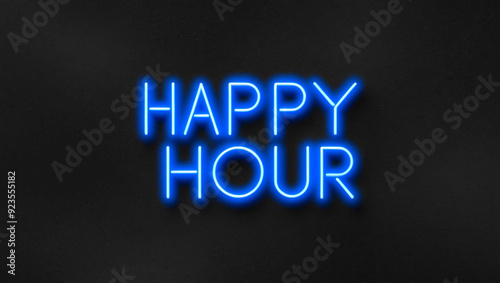 happy hour blue neon lettering on plain dark black background