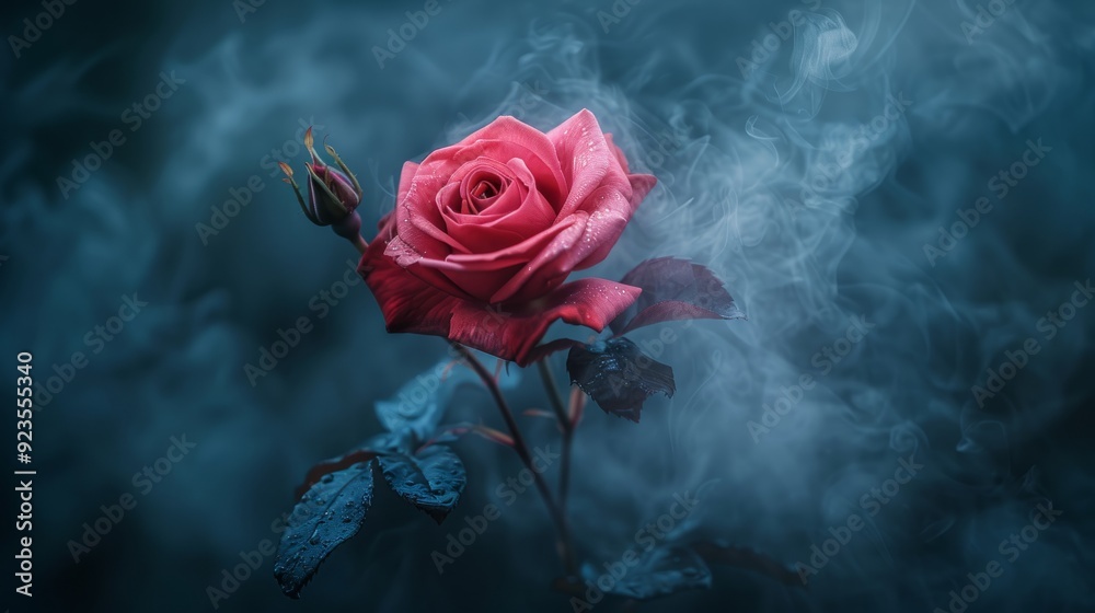 A pink rose blooming amidst wispy smoke in a dark, moody atmosphere A pink rose blooming amidst wispy smoke in a dark, moody atmosphere