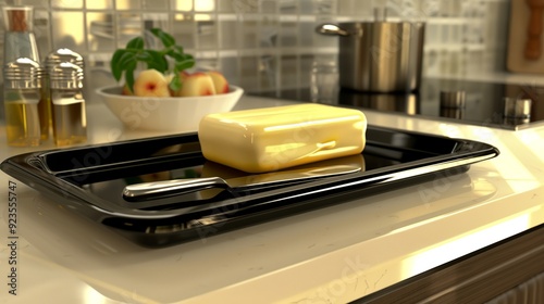 advert type shot of a stick butter on a butter tray on the counter top with a butter knife beside it photo