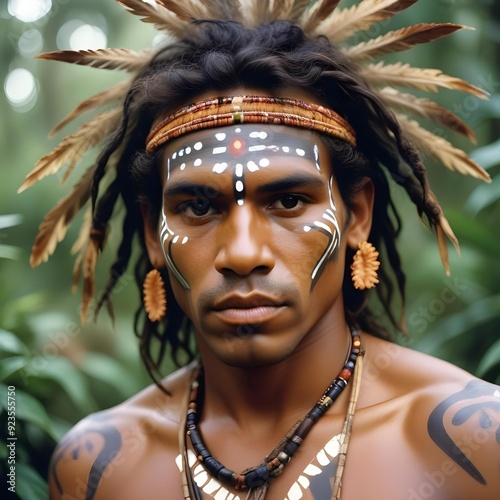 An Aboriginal man with medium brown skin, adorned with tribal face paint, his hair styled in traditional manner, surrounded by vibrant native flora photo