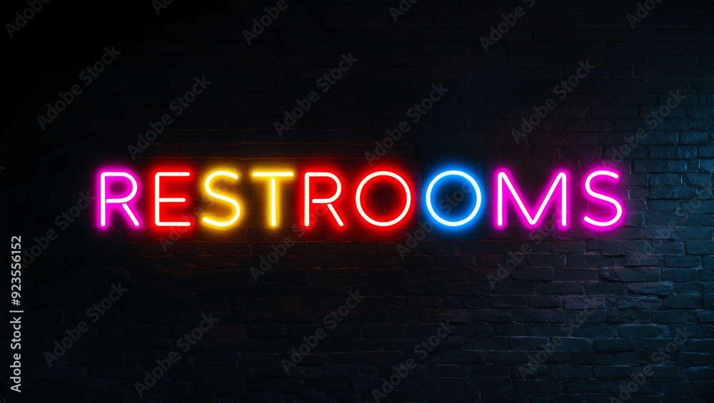 Obraz premium restrooms colorful neon lettering on plain dark black background