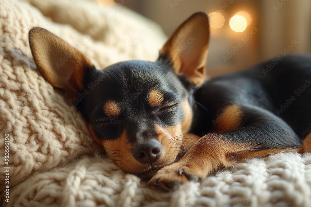 adorable miniature pinscher puppy curled up asleep on a plush beige sofa soft lighting enhances the cozy atmosphere highlighting the dogs tiny features and peaceful slumber adorable miniature pinscher puppy curled up asleep on a plush beige sofa soft lighting enhances the cozy atmosphere highlighting the dogs tiny features and peaceful slumber