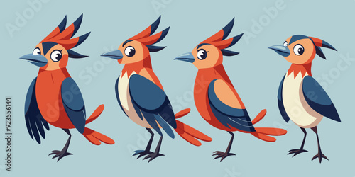 Waxwing Bird Various Poses Sequence Cartoon Vector Characte
