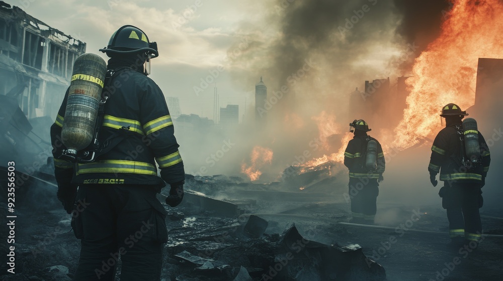 Obraz premium Emergency Response: Firefighters Battling Urban Blaze Fire