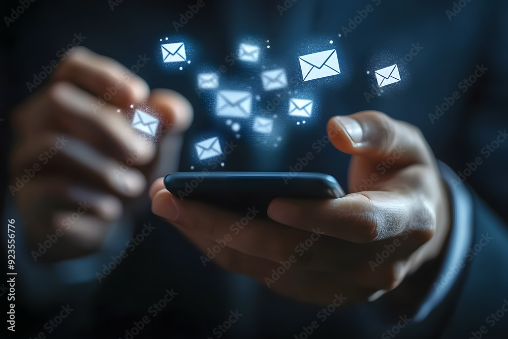 In this image, a businessman is holding a smartphone with a chalk drawing on its screen as he receives an email alert. The concept is a close-up of hands using a mobile phone to check or read In this image, a businessman is holding a smartphone with a chalk drawing on its screen as he receives an email alert. The concept is a close-up of hands using a mobile phone to check or read