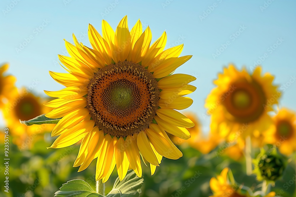 A close-up of a blooming sunflower field under a clear blue sky with one prominent sunflower in focus showcasing its vibrant yellow petals and intricate details A close-up of a blooming sunflower field under a clear blue sky with one prominent sunflower in focus showcasing its vibrant yellow petals and intricate details