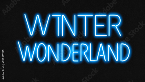 winter wonderland blue neon lettering on plain dark black background