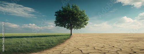 A tree in the middle of an open field, half with green grass and the other half dry desert, a striking visual representation of climate change