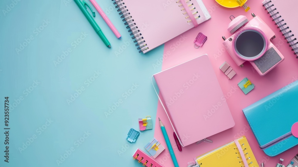 Colorful Education Back to School Background with Notebooks, Pens, and School Supplies on Pastel Colors Colorful Education Back to School Background with Notebooks, Pens, and School Supplies on Pastel Colors