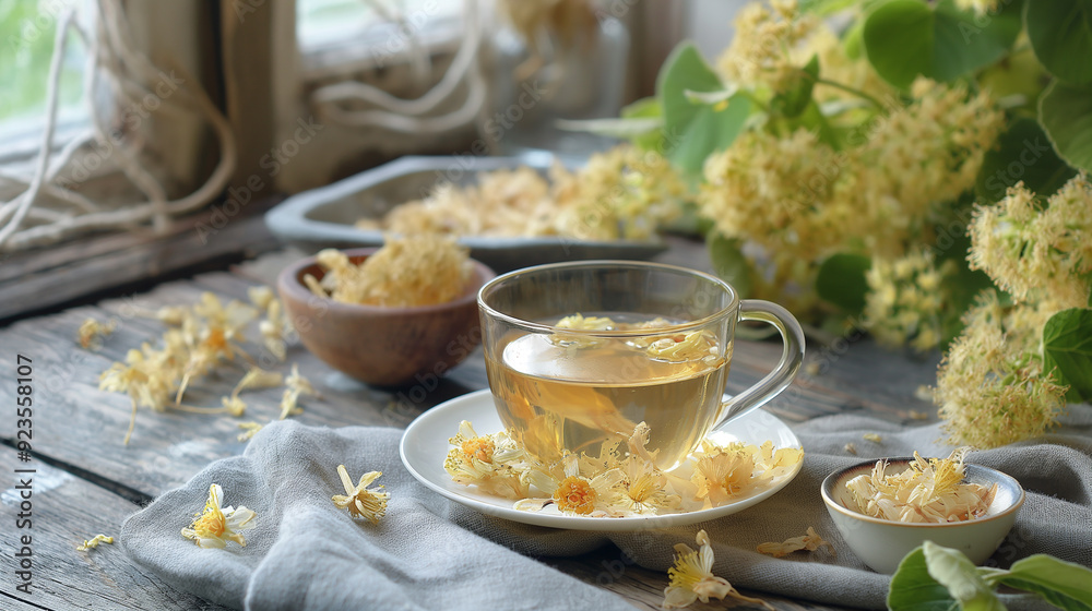 Glass cup of healthy dry linden tea and dry linden flowers on table Glass cup of healthy dry linden tea and dry linden flowers on table