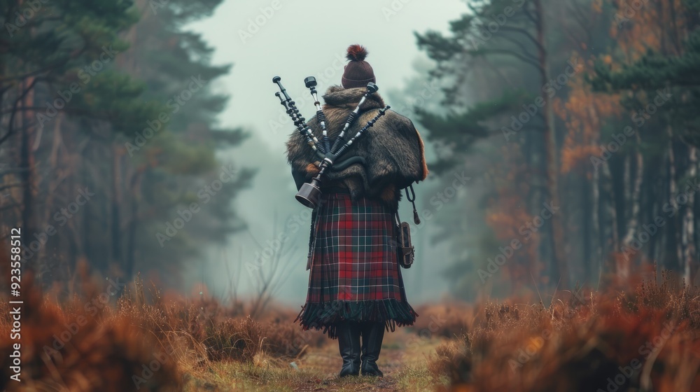Piper dressed in traditional Scottish attire walking through a misty forest in autumn