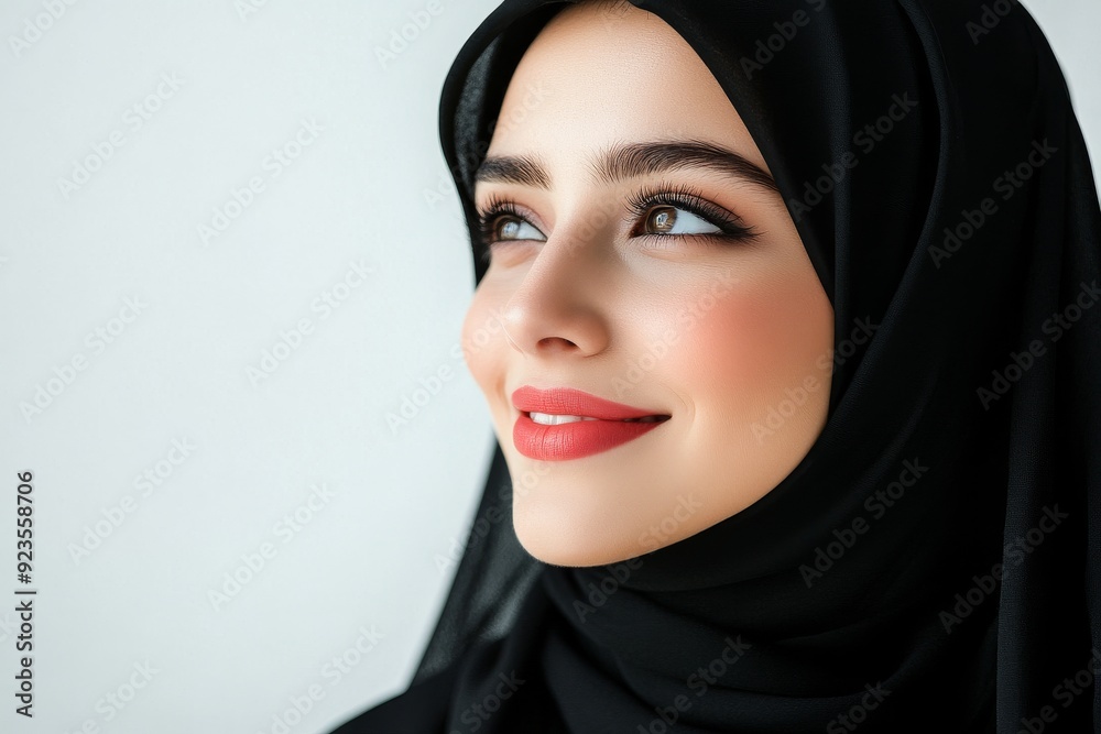 A smiling Arab woman in black hijab is isolated on a transparent background.