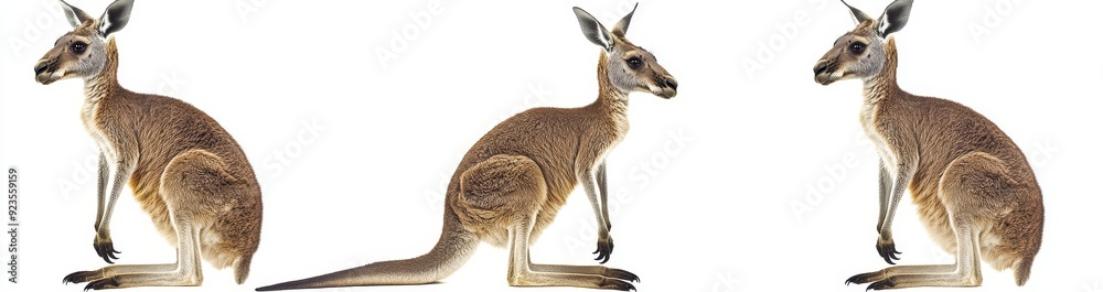 On a white background, a group of Australian Kangaroos can be seen On a white background, a group of Australian Kangaroos can be seen