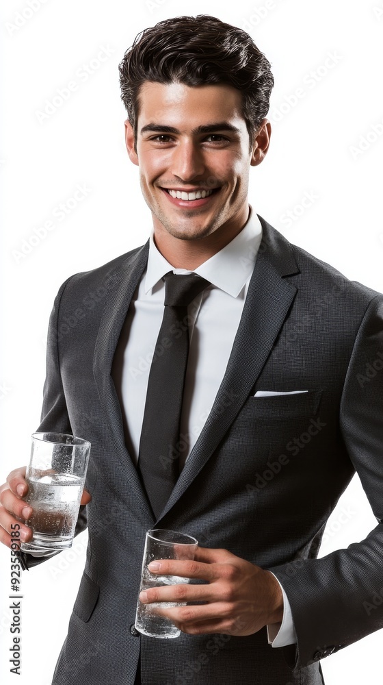 The portrait of a smiling businessman holds a glass of water against a transparent background The portrait of a smiling businessman holds a glass of water against a transparent background