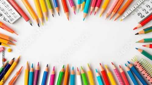 Colorful Education Back to School Background with Pencils, Markers, and Rulers on White Surface