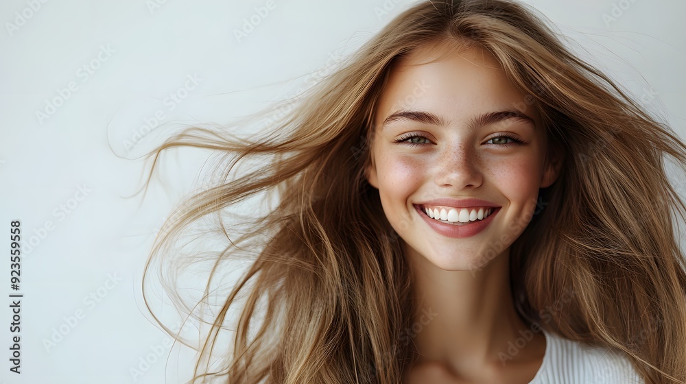 Fototapeta premium Beautiful young woman with long flowing hair, radiant smile, white background, copy space for text, hair in motion, soft natural lighting, glowing skin, white casual top, carefree expression.