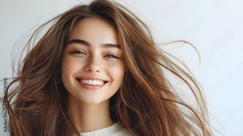 Fototapeta premium Beautiful young woman with long flowing hair, radiant smile, white background, copy space for text, hair in motion, soft natural lighting, glowing skin, white casual top, carefree expression.