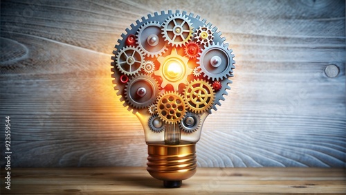 Light bulb with gears turning, ideas leading to growth photo