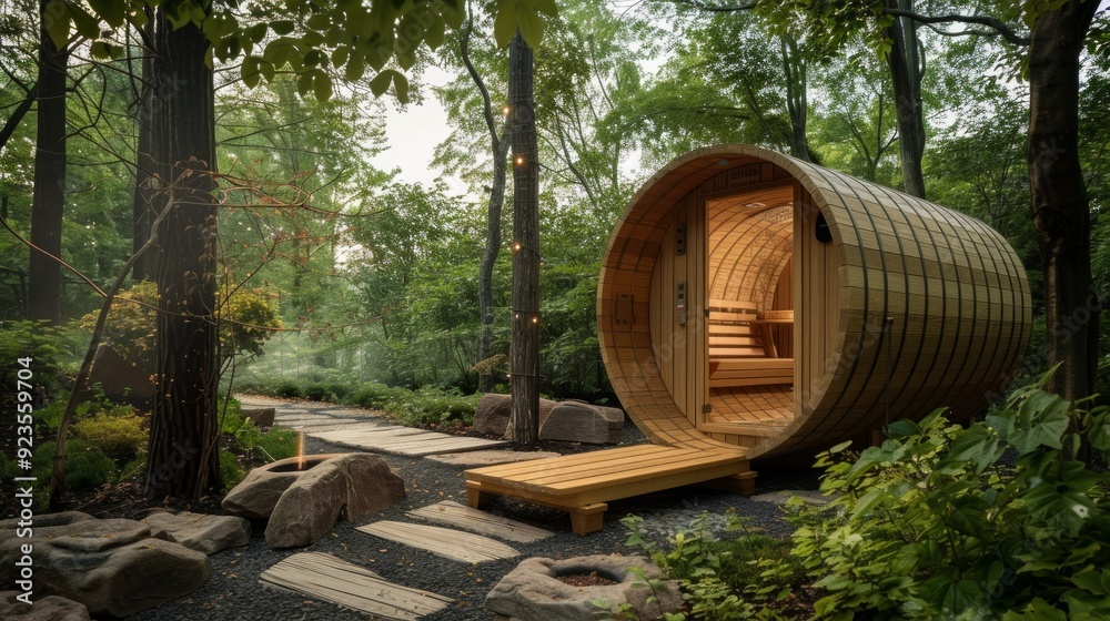 A serene wooden barrel sauna in the woods. The stone walkway, greenery and quiet deck create a peaceful place for rest and relaxation. A serene wooden barrel sauna in the woods. The stone walkway, greenery and quiet deck create a peaceful place for rest and relaxation.