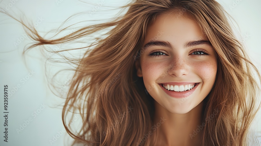 Fototapeta premium Beautiful young woman with long flowing hair, radiant smile, white background, copy space for text, hair in motion, soft natural lighting, glowing skin, white casual top, carefree expression.