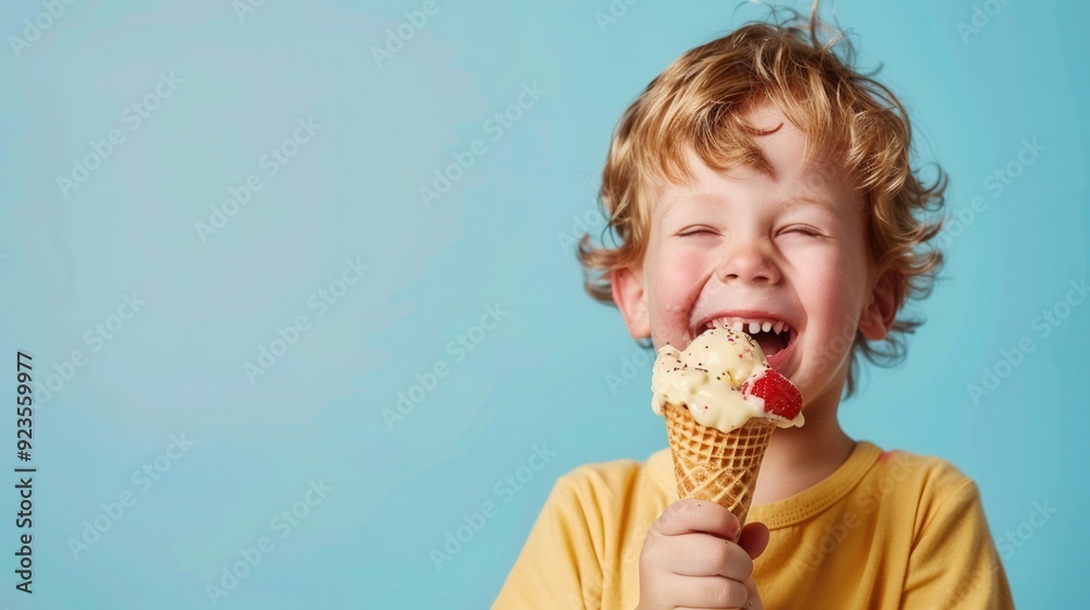 A little child holding an ice cream and eating over plain background. A little child holding an ice cream and eating over plain background.