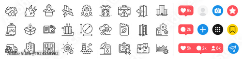 Canister, Open door and Package location line icons pack. Social media icons. Lighthouse, Warning briefcase, Circle area web icon. Vector