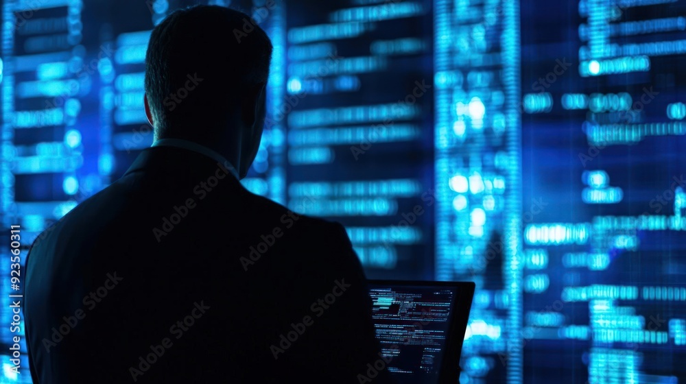 Human silhouette analyzing malware detection reports on a holographic screen, cybersecurity, protection Human silhouette analyzing malware detection reports on a holographic screen, cybersecurity, protection