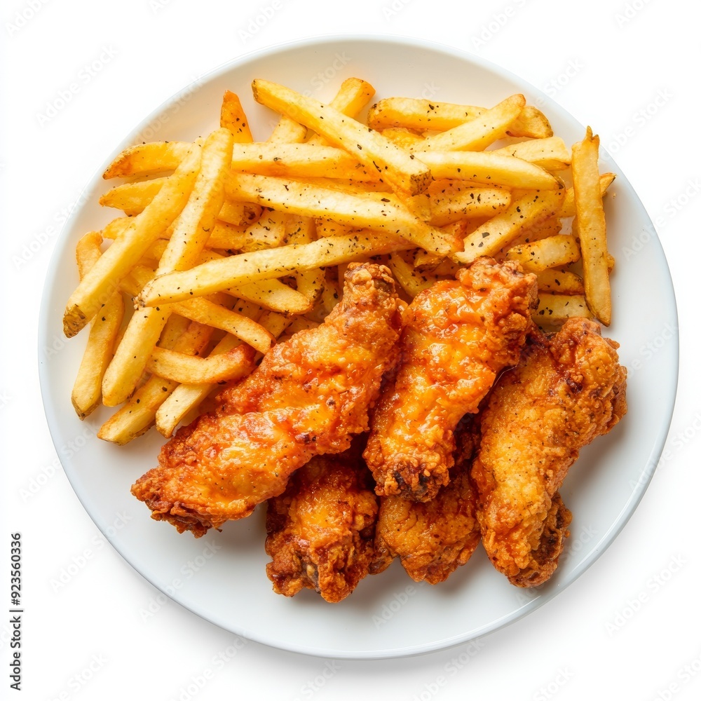 Striped chicken with French fries on a transparent plate Striped chicken with French fries on a transparent plate