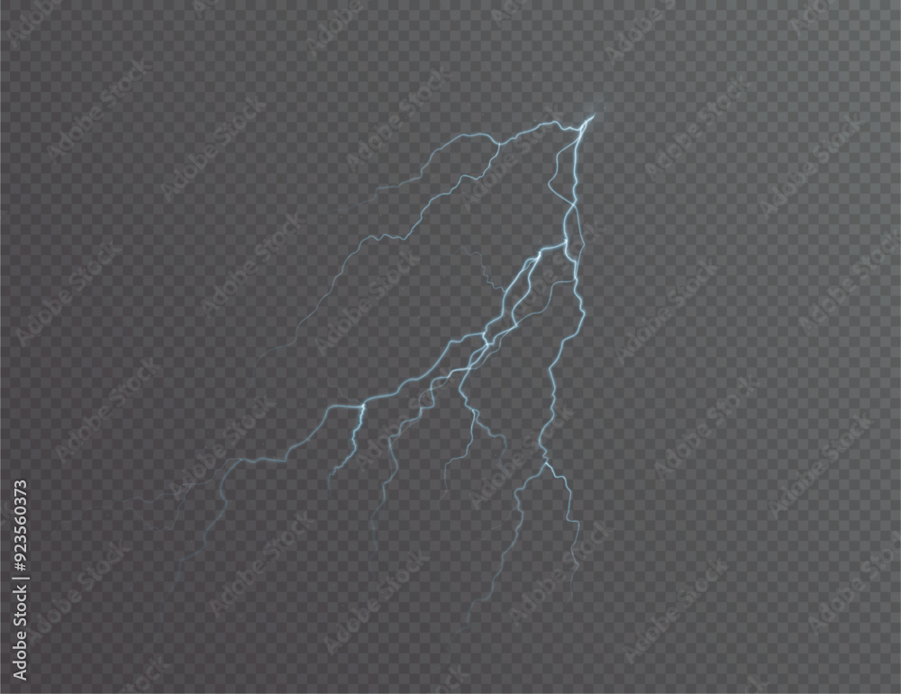 Light blue isolated vector lightning png. Magic light abstract lines. Realistic natural lightning effects.