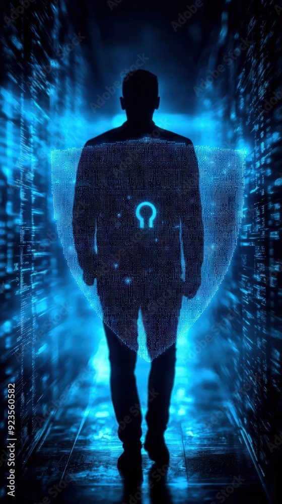 Human silhouette with digital shield against malware, cybersecurity, prevention