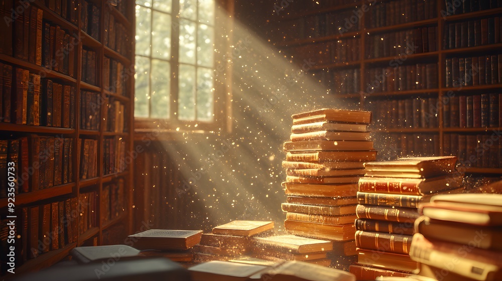 Bright library interior, stacks of books, sunbeam streaming through ...