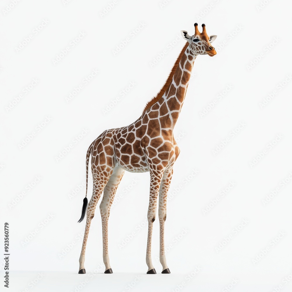 Naklejka premium An isolated white background shows a full-bodied giraffe standing
