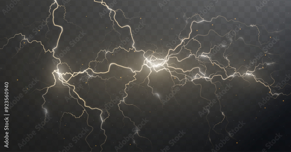 Light yellow isolated vector lightning png. Magic light abstract lines. Realistic gold natural lightning effects.	
