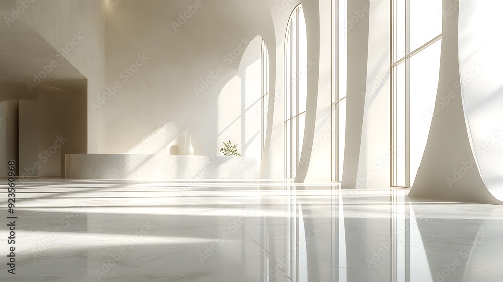 Obraz premium Bright minimalist interior, white marble floor, tall windows, dramatic shadow patterns, sunlight streaming in, clean architectural lines, empty spacious room, modern design.