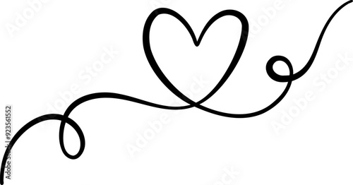 Isolated cartoon line art heart swirl ribbon decorative element, ink