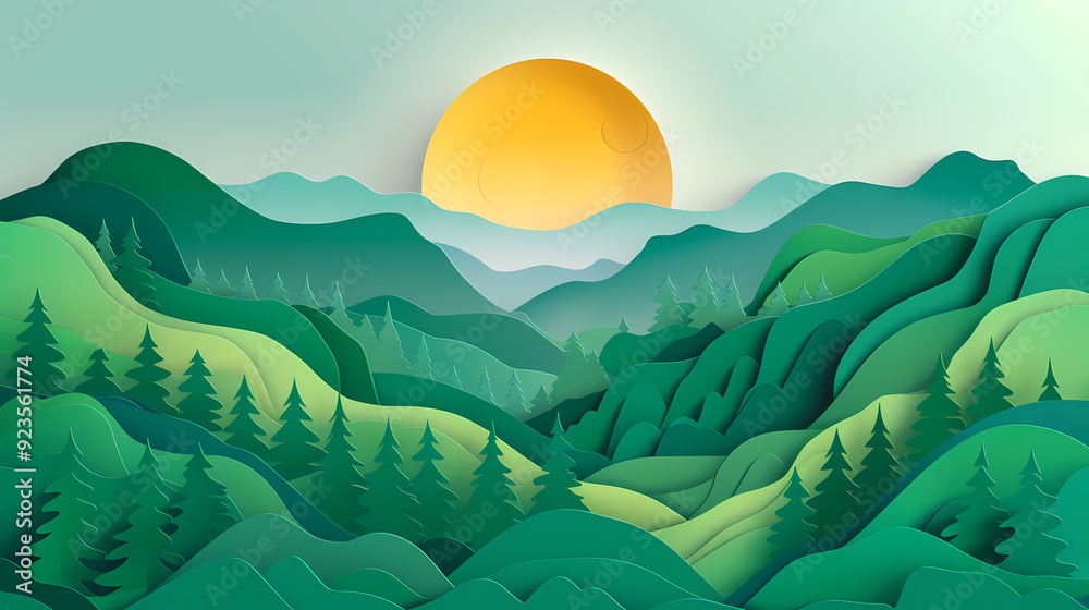 Green nature mountains landscape.3d Paper cut abstract minimal nature scene, template background.Vector illustration. Green nature mountains landscape.3d Paper cut abstract minimal nature scene, template background.Vector illustration.