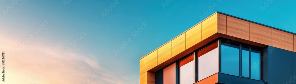 Fototapeta premium Modern architectural design showcasing a vibrant blue and orange building against a colorful sunset sky.