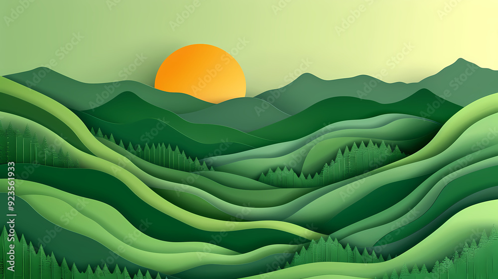Obraz premium Green nature mountains landscape.3d Paper cut abstract minimal nature scene, template background.Vector illustration.