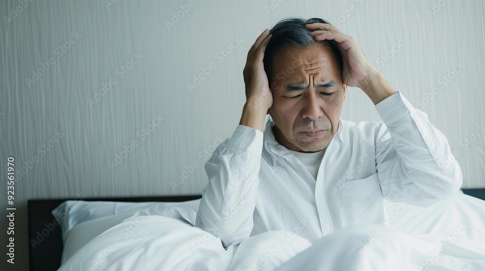 Depressed Senior Asian Man Sitting in Bed Struggling with Insomnia, Reflecting Mental Health Issues in the Night Depressed Senior Asian Man Sitting in Bed Struggling with Insomnia, Reflecting Mental Health Issues in the Night
