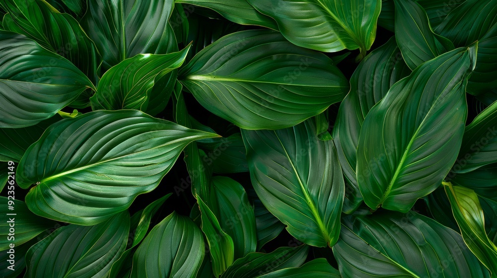 Spathiphyllum cannifolium leaf photo. Abstract dark green texture. Nature background. Tropical leaves.