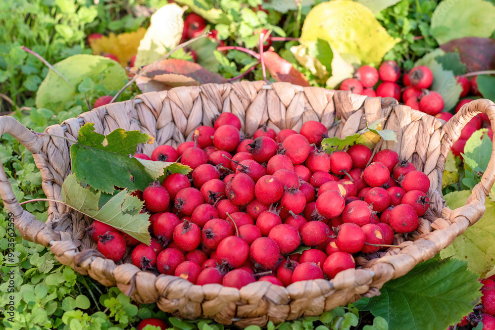 Ripe hawthorn berries in basket. Useful medicinal plants. Natural autumn background Ripe hawthorn berries in basket. Useful medicinal plants. Natural autumn background
