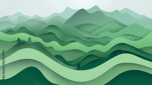 Green nature mountains landscape.3d Paper cut abstract minimal nature scene, template background.Vector illustration.