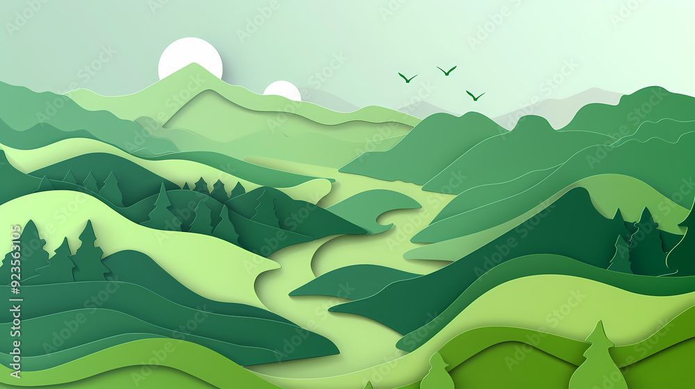 Green nature mountains landscape.3d Paper cut abstract minimal nature scene, template background.Vector illustration. Green nature mountains landscape.3d Paper cut abstract minimal nature scene, template background.Vector illustration.